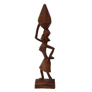 Vintage Hand Carved Wood African Woman Figurine With Vessel On Head Folk Art